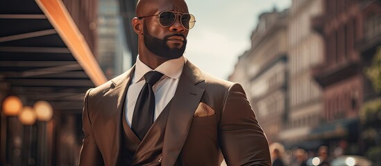 Wall Mural - an elegant bald black man entrepreneur sporting a well groomed beard stands on a paved street in a t