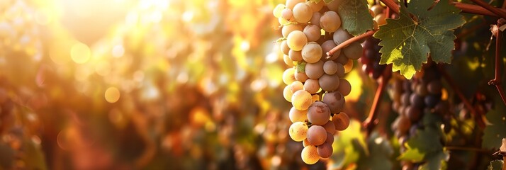 Wall Mural - bunch of grapes hanging from a vine in a vineyard at sunset or sunrise time, with the sun shining