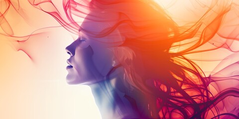 Wall Mural - a woman with long hair is shown in a colorful smoke coming out of her face and behind her