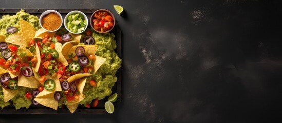 Wall Mural - a top down view of mexican nachos topped with guacamole placed on a gray concrete surface the image 