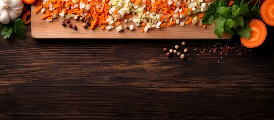 Wall Mural - the cutting board with chopped cabbage and carrot is placed on a brown wooden background it is seen 