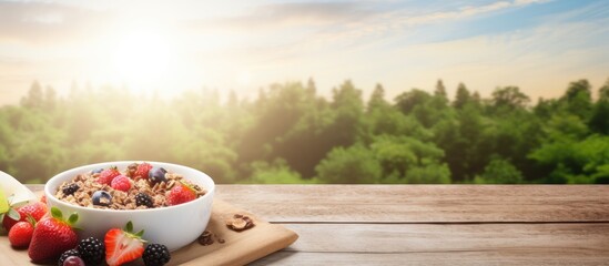 Wall Mural - A healthy breakfast featuring a plate of muesli on a wooden background with a view from above and copy space for added appeal