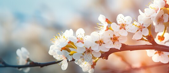 Macro image of a beautiful apricot tree blossoming in spring showcasing its white flowers The picture provides copy space and serves as a natural background for the season