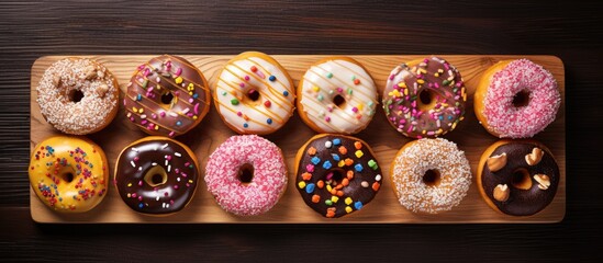 Wall Mural - celebratory concept showcased in a top view image of delicious donuts arranged on a wooden plate wit