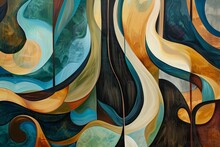 Abstract Landscape Of Flowing, Dynamic Shapes And Patterns In Rich, Earthy Tones Capturing The Rootsy And Rhythmic Essence Of Blues Music, With Subtle Hints Of Guitars And Harmonicas