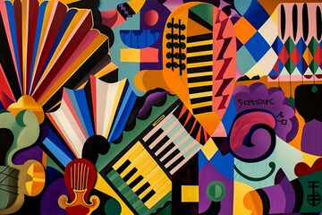 Wall Mural - Cumbia vibrant, rhythmic collage of shapes and colors representing the festive and celebratory nature of cumbia music, with abstract accordions and maracas