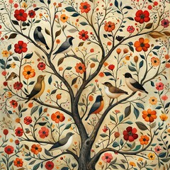 Wall Mural - Background is trees and lush greenery with folk floral and fauna patterns in red and gold