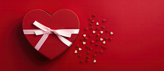 Wall Mural - a flat lay image displaying a red heart shaped gift box with a bow on a raspberry background perfect