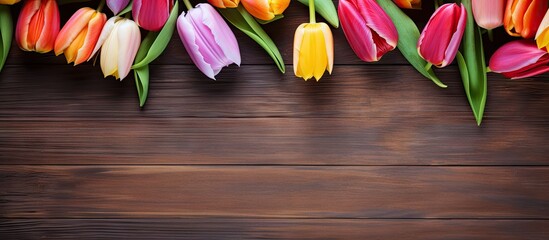 Wall Mural - an old wooden background showcasing a vibrant display of spring tulip flowers offering a perfect cop
