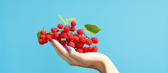 A flat lay photo composition showing a hand holding red berries on a blue background with ample copy space