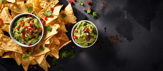 Wall Mural - a top down view of mexican nachos topped with guacamole placed on a gray concrete surface the image 