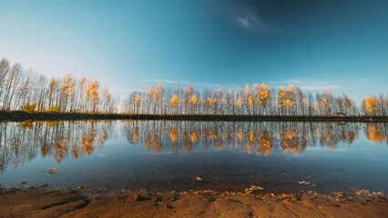 Wall Mural - Autumn Forest woods lake coast. Landscape Woodland Slider Time Lapse, Time-lapse. reflection on water surface wide angel, tranquil motion. Autumn River Landscape At Sunset.