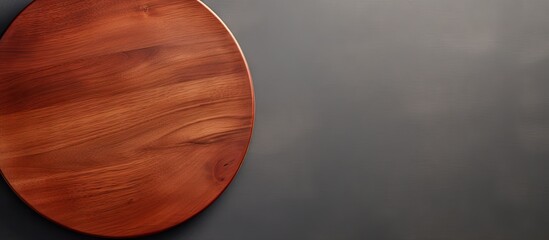 Wall Mural - a close up top view of a wooden cutting board with a round shape placed on a gray background accompa
