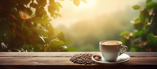Wall Mural - morning coffee with latte art and coffee beans on a wooden table bathed in sunlight creating a capti