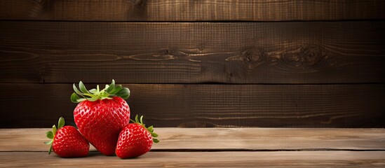 Wall Mural - a fresh organic strawberry sits in a small wooden box on an aged wooden backdrop with ample space fo