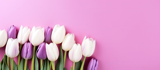 Wall Mural - a collection of purple and white tulips arranged in a bouquet is shown from above placed on a pink b