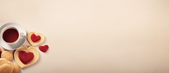 Wall Mural - a coffee break concept with a row of heart shaped jam biscuits accompanied by a cup of coffee on tex