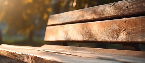 Wall Mural - a close up copy space image of a worn and faded wooden bench basking in the morning sun