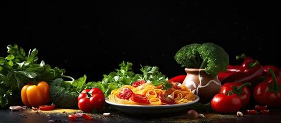 Wall Mural - mediterranean cuisine with fresh vegetables spaghetti and a dark background in the copy space image