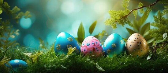Wall Mural - High quality photo of Easter eggs surrounded by greenery providing copy space for text promo or message effectively conveying the concept of Easter greetings or sale