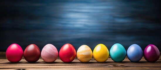 Wall Mural - colorful easter eggs arranged on a wooden surface providing a background for adding text. with copy 