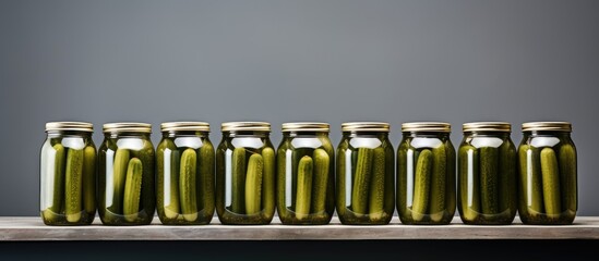 Wall Mural - a close up view of a gray background with a bank of pickled cucumbers and plenty of space for text o