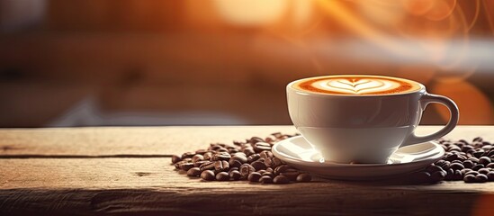 Wall Mural - morning coffee with latte art and coffee beans on a wooden table bathed in sunlight creating a capti