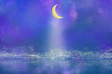 Fototapeta Sport - 三日月の光が水面に反射する夜空の背景イラスト