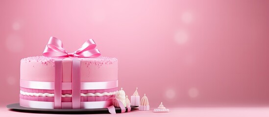 Wall Mural - A pink background with a birthday cake and gift creating an ideal copy space image