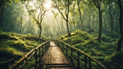 Wall Mural - wooden path with wooden railings covered with moss in the forest