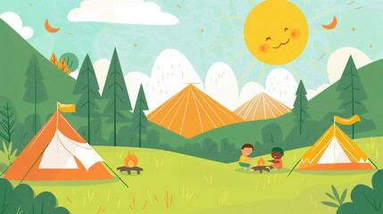 a cartoon drawing of a campsite with a smiling sun