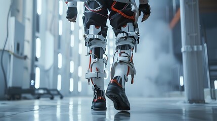 Poster - A person wearing a robotic exoskeleton, depicted in a healthcare or industrial setting, showcasing how these devices enhance human strength, endurance, and mobility