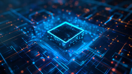 Wall Mural - Abstract background of futuristic main processor chip with circuit lines. Bright area. Square stand. Bright stage. Exhibition area. Central axis. Demonstration place. 3D rendering.