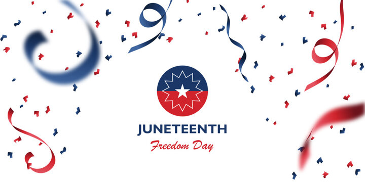 Juneteenth background symbol with blue and red confetti paper falling.