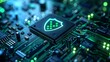 © Tackey - Close-up of a microchip with a security shield icon glowing, representing cybersecurity and data protection in technology.