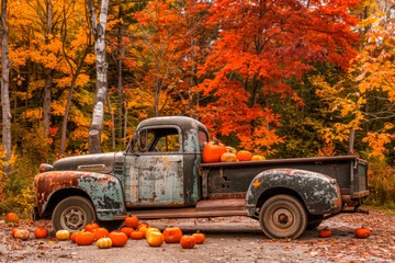 An old pickup truck is filled with pumpkins - decoration for the harvest season or Halloween.