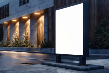 Wall Mural - Black lightbox on the city street. Wood facades of modern buildings in background. 3d render. generative ai.