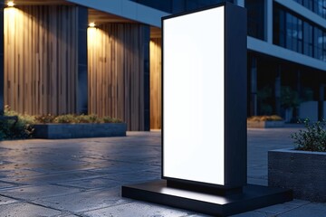 Wall Mural - Black lightbox on the city street. Wood facades of modern buildings in background. 3d render. generative ai.