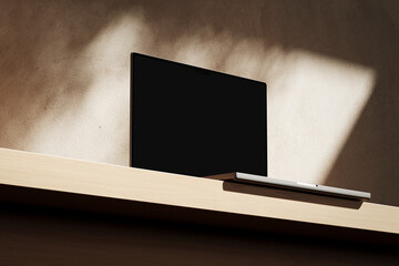 Wall Mural - apple macbook pro on the wooden desk on a plaster background
