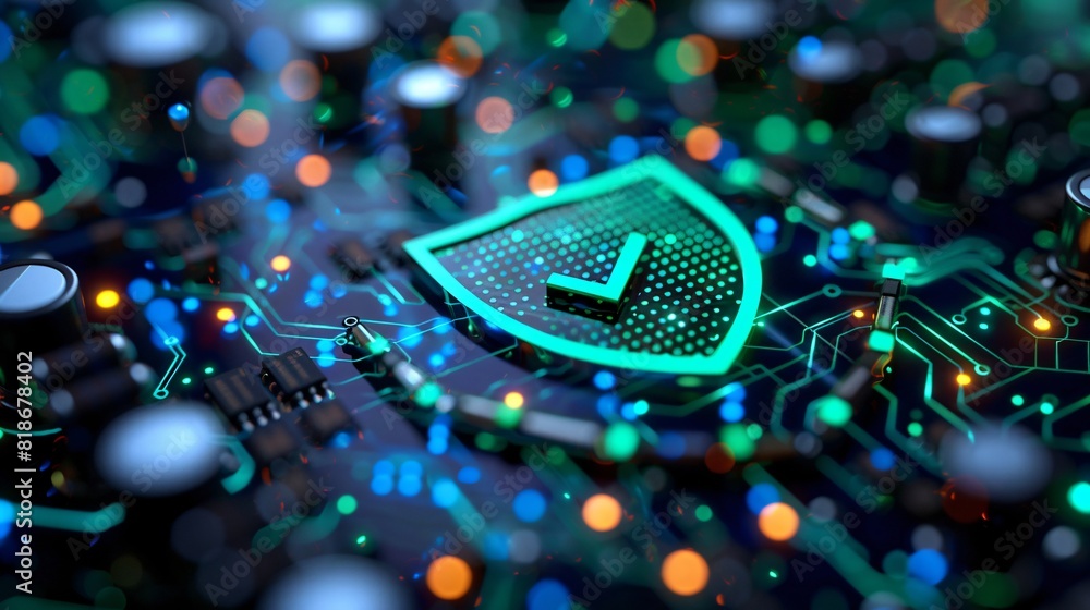Digital cybersecurity concept with a glowing shield icon and checkmark ...