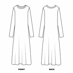 Wall Mural - Technical drawing of a basic women's dress with long sleeves. Sketch of maxi dress with sleeves, front and back view. Outline drawing of simple woman's dress on white background.