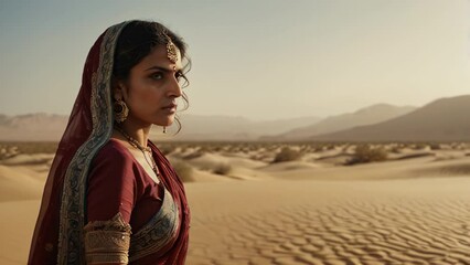 Wall Mural - A Hindu woman in a red sari stands in a desert. Copy space