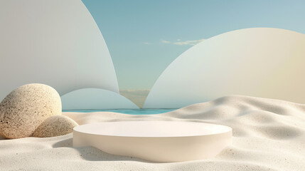 Wall Mural - 3D podium, podium model, stage or platform With copy space for product presentation on beach with blue sky, summer tropical background.