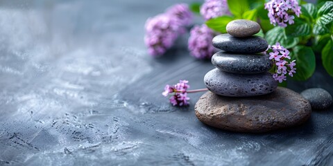 Poster - Zen Stilllife with Lavender and Stacked Stones for Mindfulness and Stress Reduction