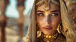 © nikola-master - Portrait of a Queen from a Middle Eastern kingdom with gold jewellry, against the background of a desert and a palace.