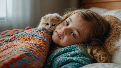 little girl with a kitten