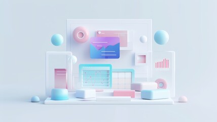 Innovative 3D web design, featuring a modern, minimalist homepage with layered elements, vibrant gradients, and subtle animations on a clean white background,
