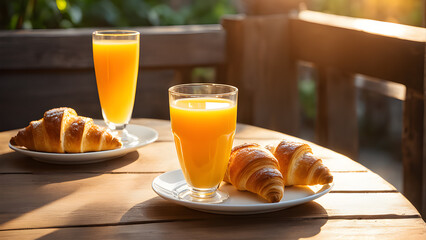 two glasses of orange juice sit on a table next to two croissants.