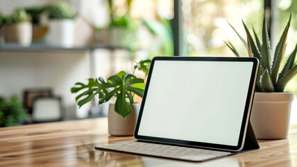 Wall Mural - Digital tablet screen mockup on a wooden desk, isolated with ample space for app interface and website design presentation, perfect for tech branding,