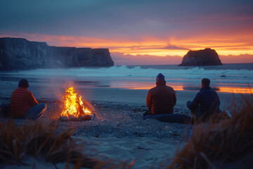 Wall Mural - Friends relax by a shoreline bonfire at night, flames dancing under the summer sky.